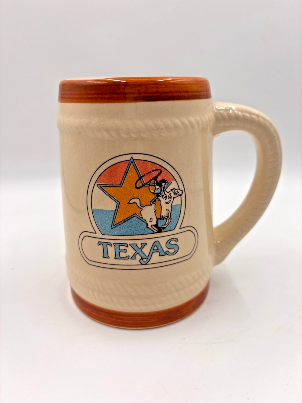 Texas Souvenir Stoneware Mug Stein Cowboy Lasso Lone Star Vintage Barware